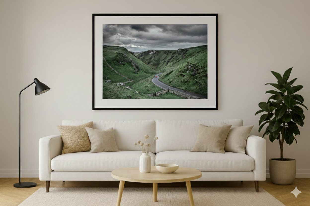 Red Car at Winnats Pass, Derbyshire – Moody Landscape Wall Art - Image 2