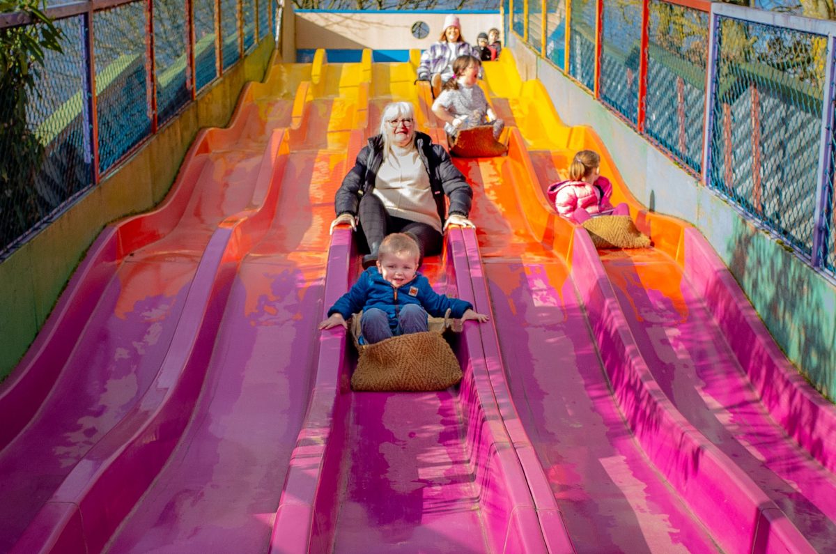 Kids coming down the slides at Wheelgate theme park in nottinghamshire