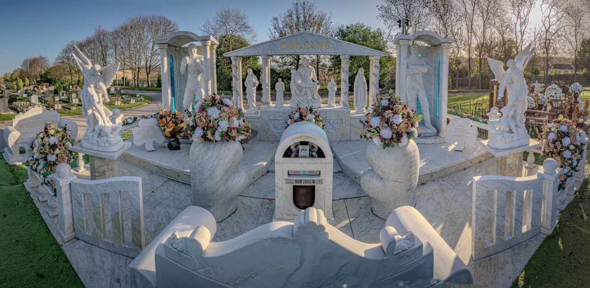 Wide-angle view of the full Willy Collins memorial at Shiregreen Cemetery.