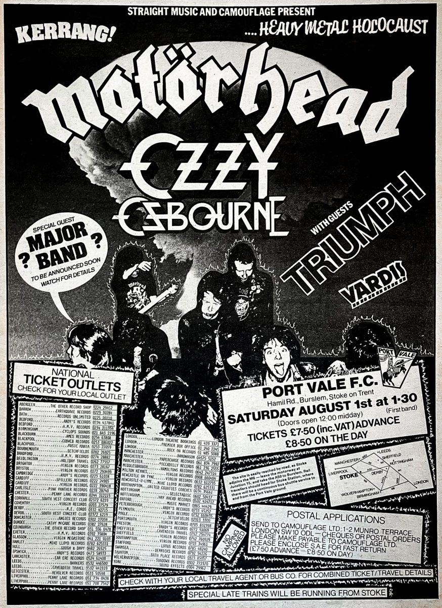 Vintage black and white magazine advertisement for the 1981 Heavy Metal Holocaust concert featuring Motörhead and Ozzy Osbourne.
