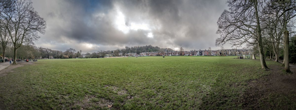 Panoramic view of a large grassy field in Endcliffe Park Sheffield surrounded by trees and residential houses in the distance.