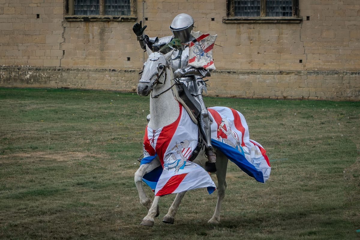 A knight in polished full plate armor sits astride a white horse, both draped in a red, white, and blue caparison, waving to the crowd in front of the castle wall.