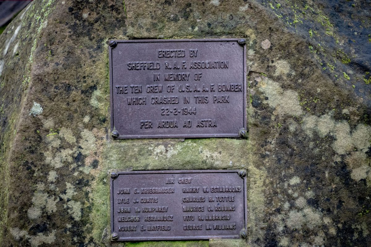 Two bronze plaques mounted on a rock; the top one explains the crash and the bottom one lists the names of the ten air crew.