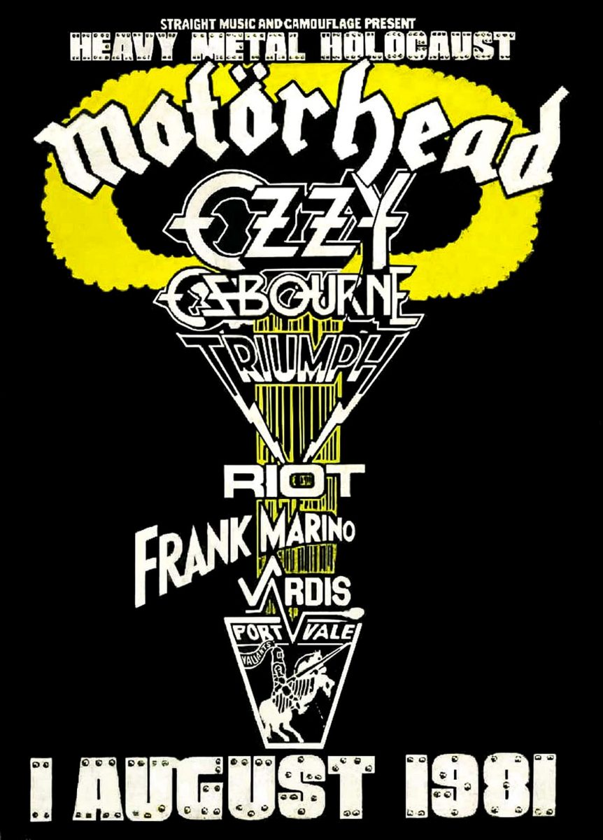 A black, white, and yellow poster for the 1981 Heavy Metal Holocaust concert at Port Vale F.C.