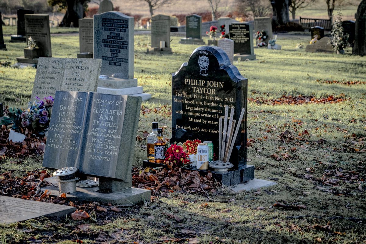 Cemetery view showing Phil Taylor's grave and surrounding landscape.