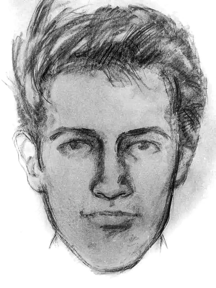 A pencil-drawn composite sketch of a young man with messy hair and dark eyes.