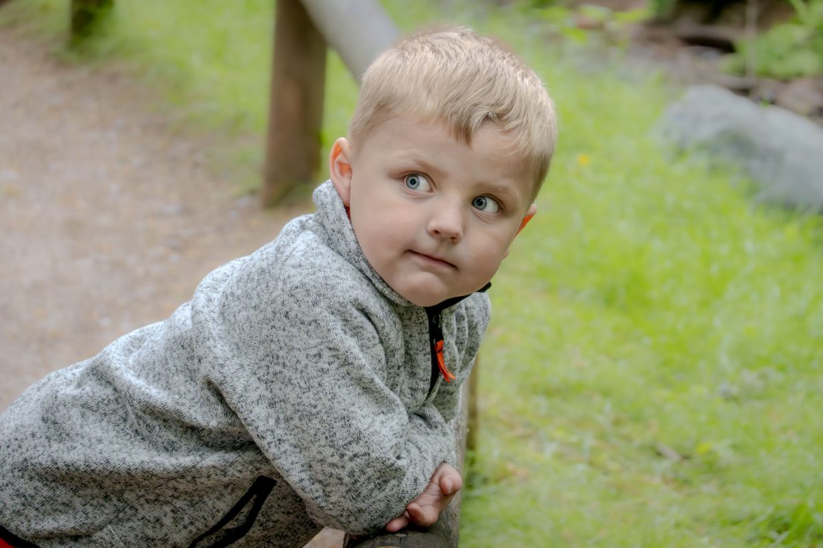 A young boy leaning on a wooden fence post, looking intently to the side.