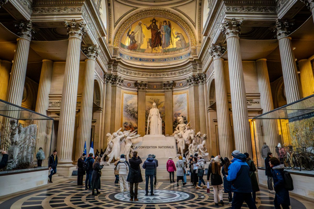 Interior view of the Panthéon in Paris featuring the large white marble sculpture La Convention Nationale.